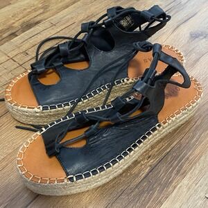 Alohas Black Leather Lace Up Platform Sandals Made in Spain Size 40/US 9